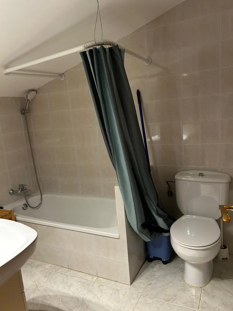 Attic bathroom with a bathtub under the sloping ceiling