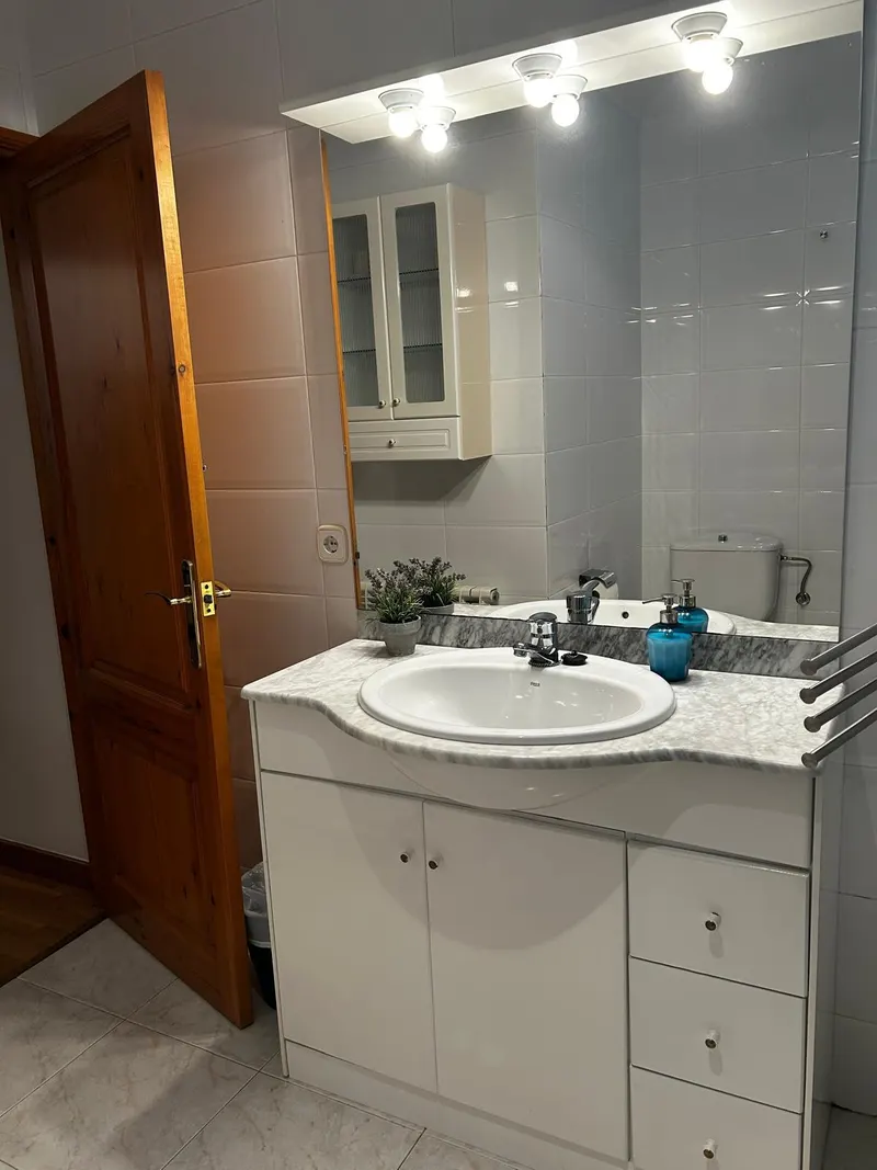 Entrance bathroom with a vanity unit and a large mirror