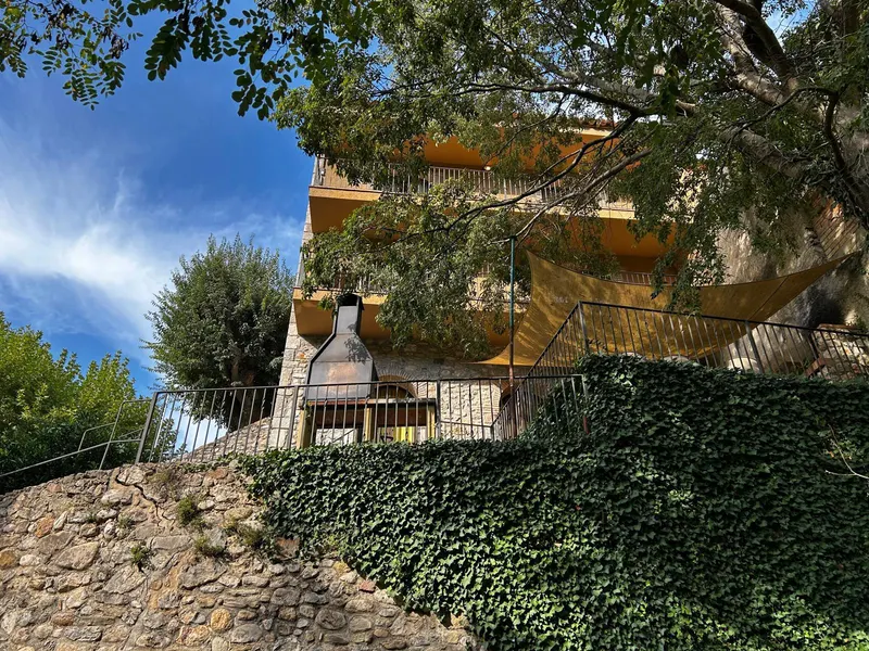 The barbecue area seen from the garden, with ivy on the wall