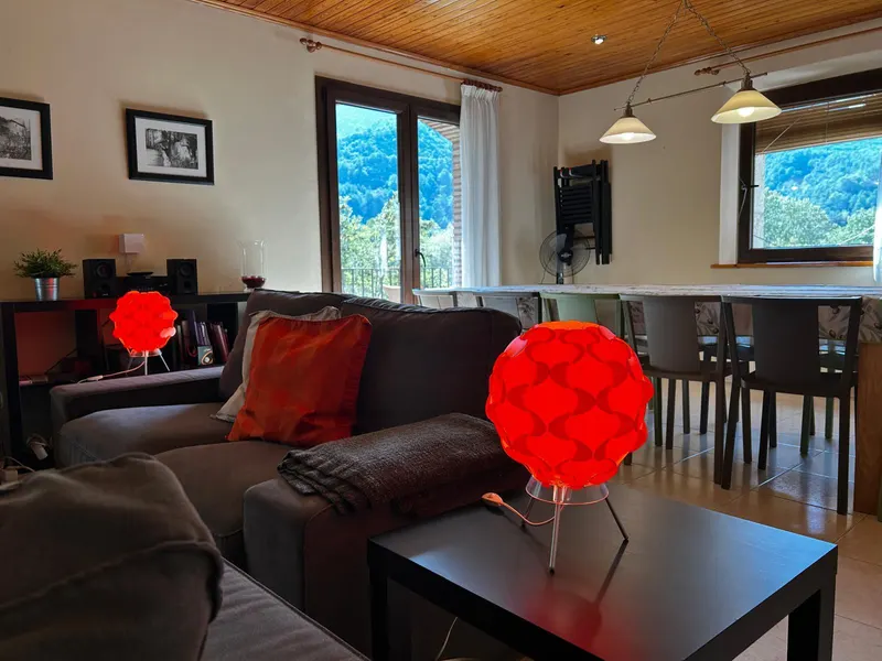 Living room open to the dining area, with windows facing the mountain