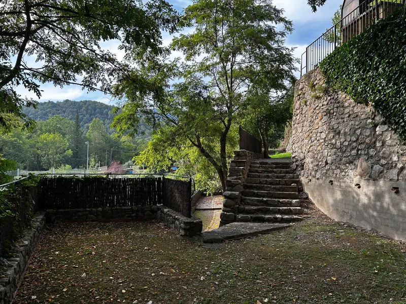 Lower patio with stone stairs and trees
