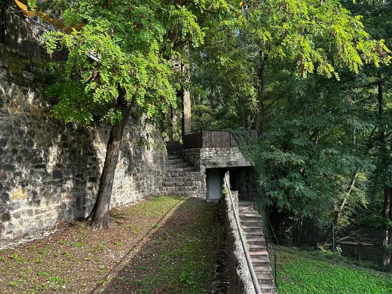 Stone stairway among trees going down to the lower patio